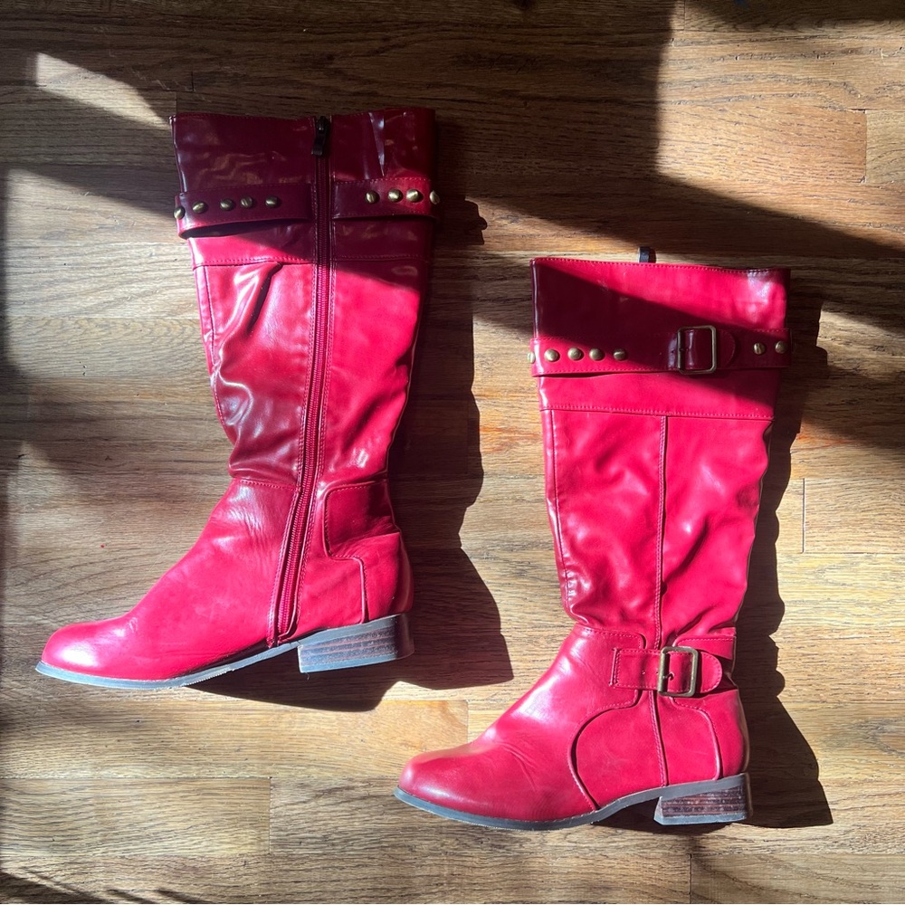 Red Women's Boots Size 8 Womens Studded Full Inner Length Zipper Block Heel